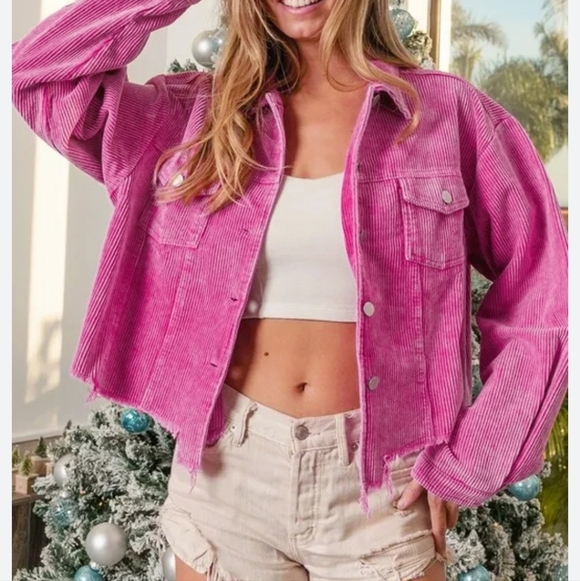 POL Jackets & Blazers - POL Corduroy Trucker Ribbed Jacket Raw Hem Barbie Pink